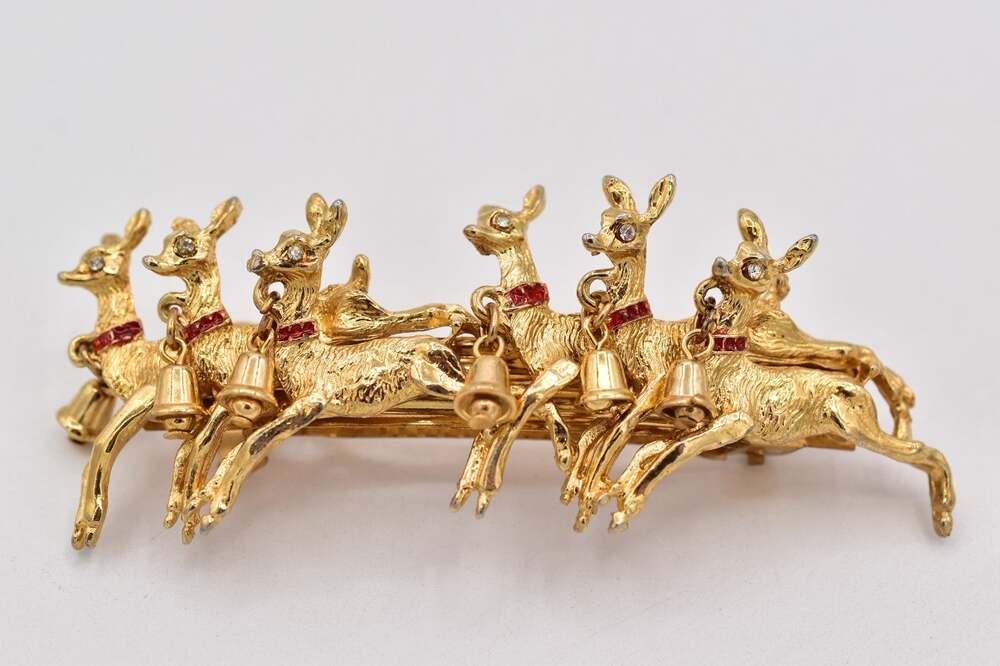 Vintage Christmas Hair Clip Reindeer Gold Red Enamel Bells Dangle Holiday 1980s